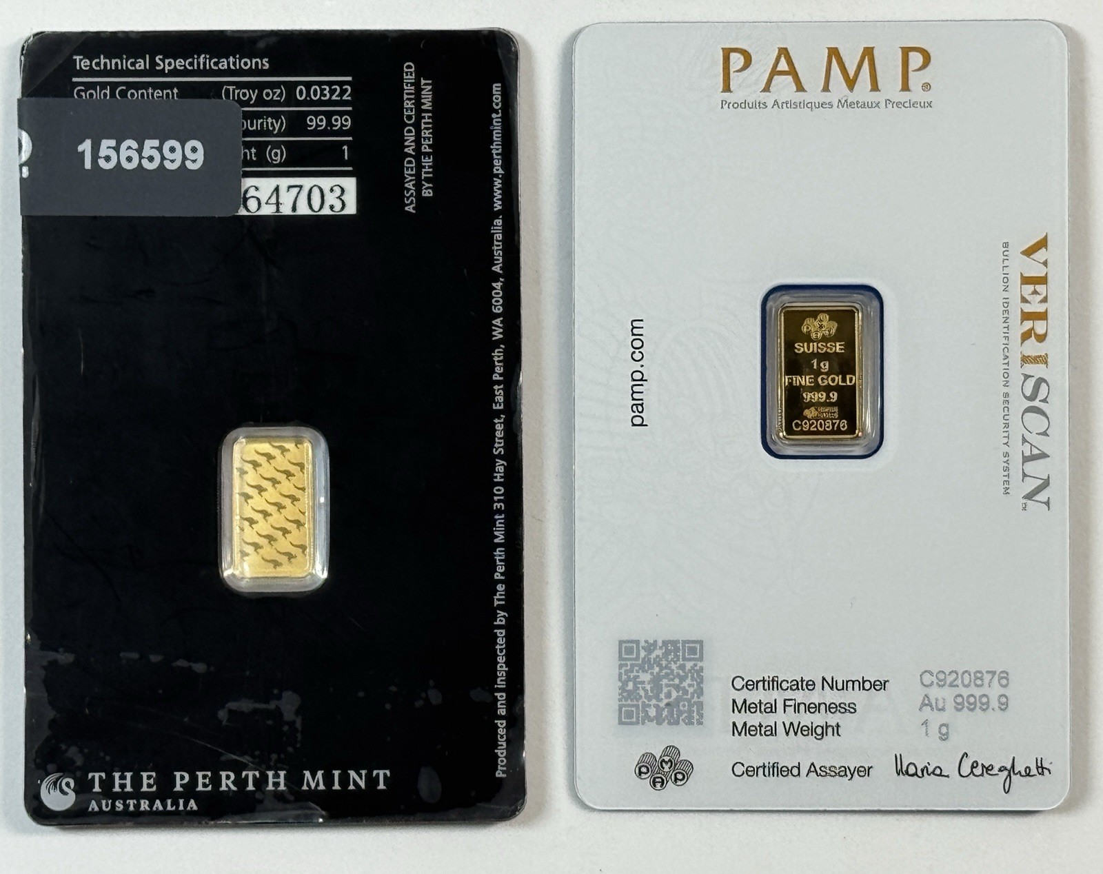 TWO Grams (1g Pamp Suisse +1g Perth Mint) 999.9 FineGold Bars Sealed Assays