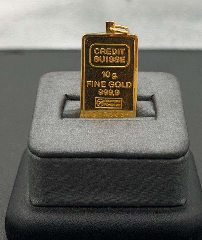 Vintage Credit Suisse 10gm .9999 Gold Bar in 14kt Yellow Gold Pendant 4mm Bale