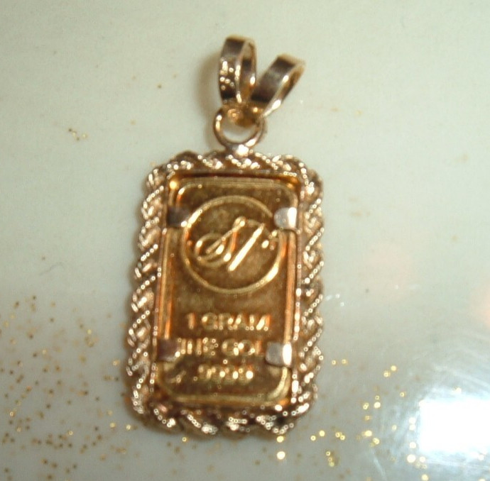 1 GRAM 24K .9999 FINE GOLD HEART BAR 14 KT ROPE BEZEL 4MM BAIL PENDANT 2.29g