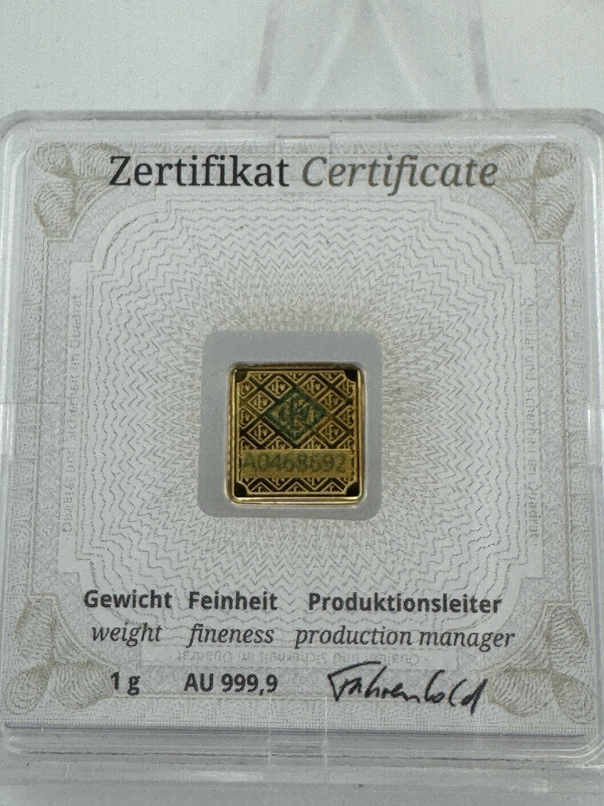 Geiger Original Certificate 1 Gram .999 Fine Gold Bar In Assay, Sealed