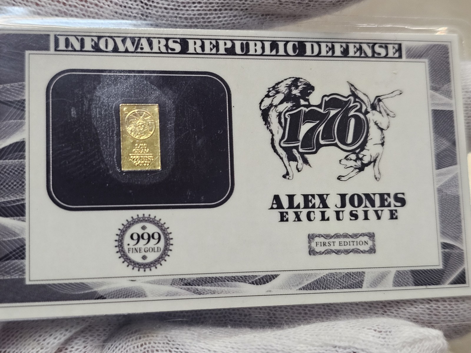 1/10 gram .999 Fine Gold Alex Jones “Infowars Republic Defense” 1776 card