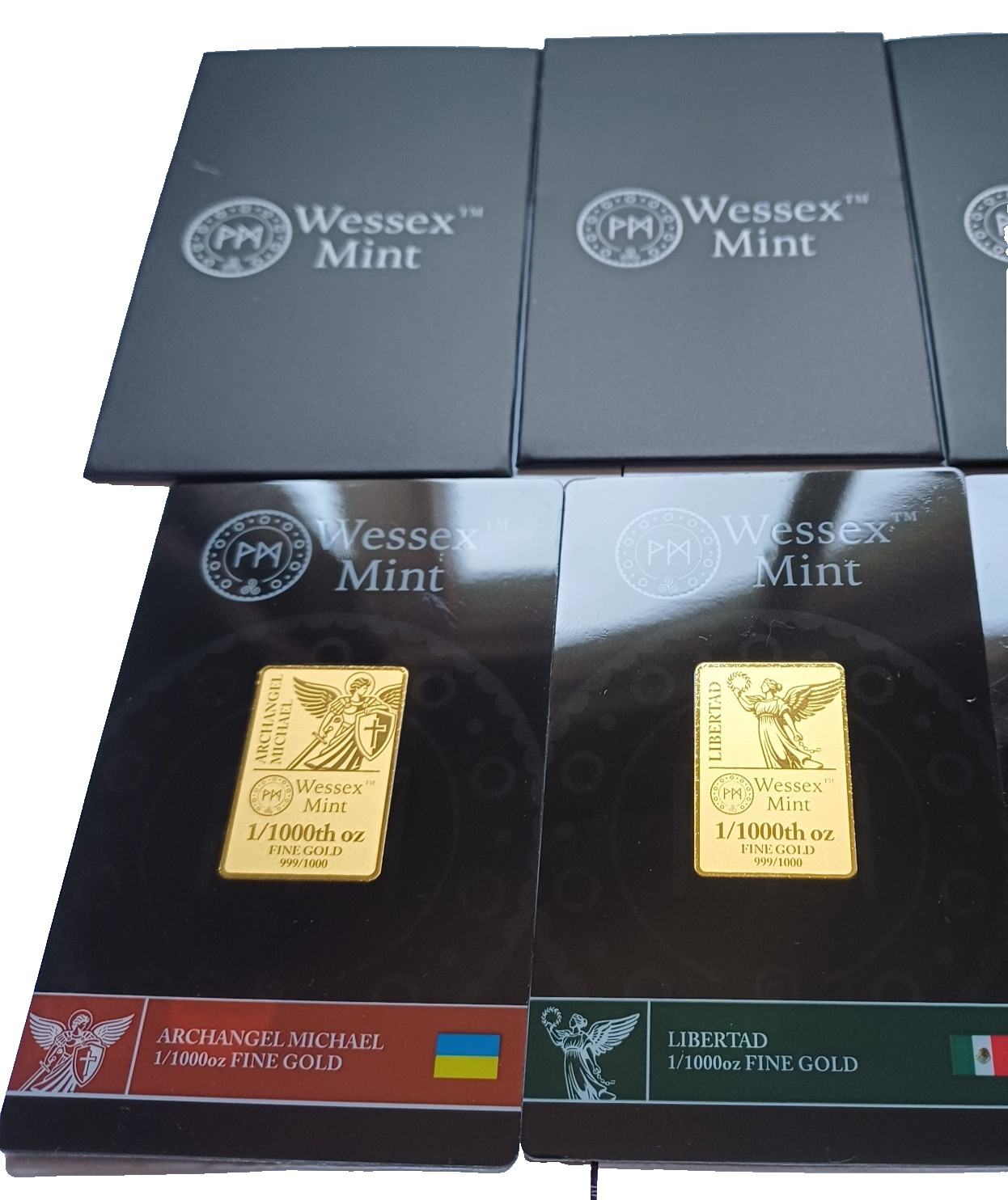 Wessex Mint 1/1000 oz Liberty, Archangel, Libertad & G a t Dragon 999 Gold Bars