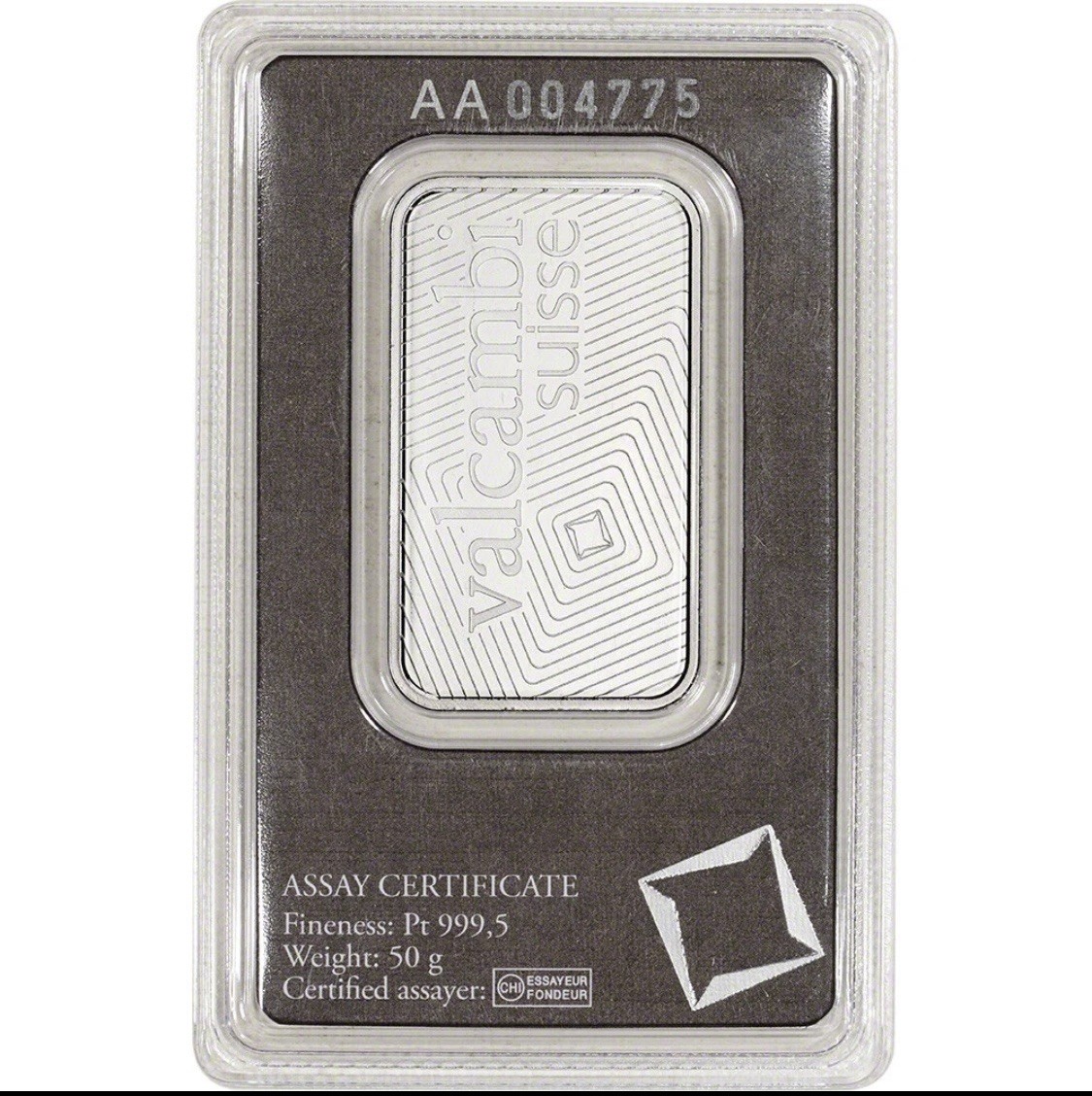 50 Gram Platinum Bar – Valcambi 0.999 Fine In Assay Card