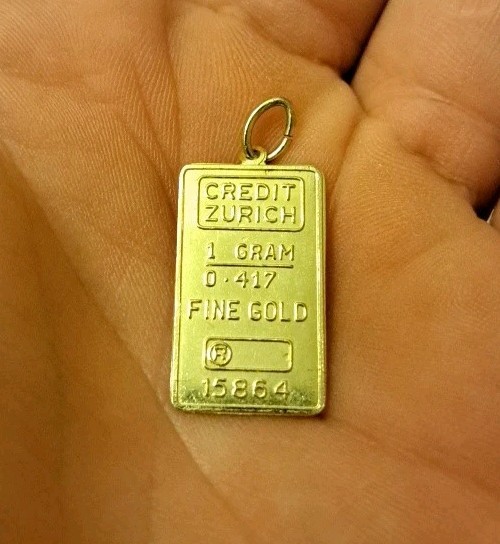 SOLID FINE 10K GOLD .416 BAR 1 GRAM INGOT CREDIT ZURICH PENDANT CHARM #15864