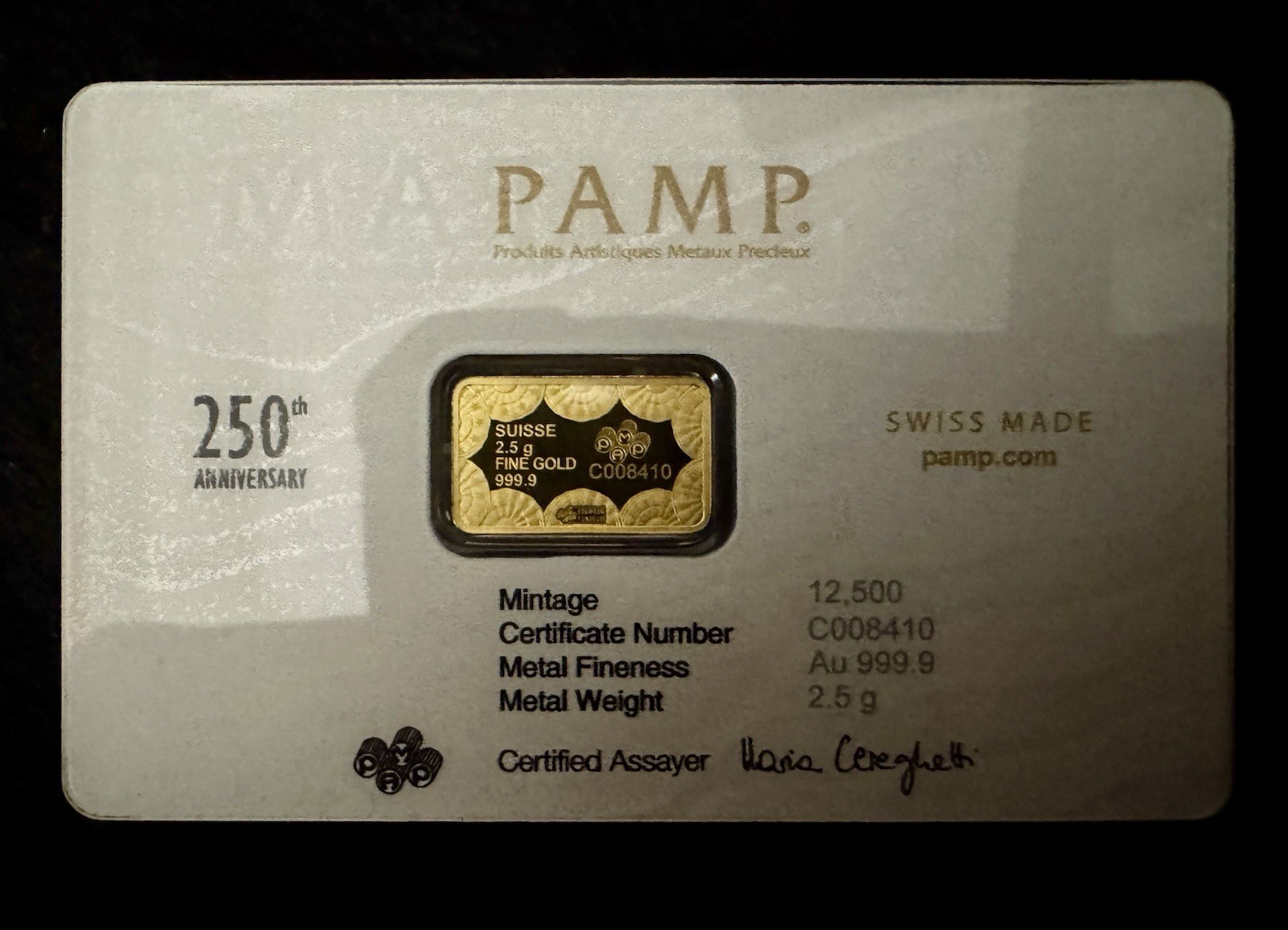 2.5 gram Gold Bar – PAMP 250th Anniversary of the USA Limited Mintage /12,500
