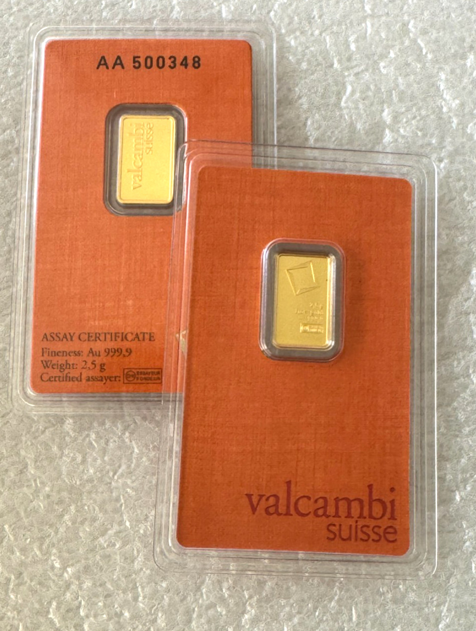 Valcambi Mint 2.5 gram gold bar in New Assay card of 999.9 fine gold 2.5g bar