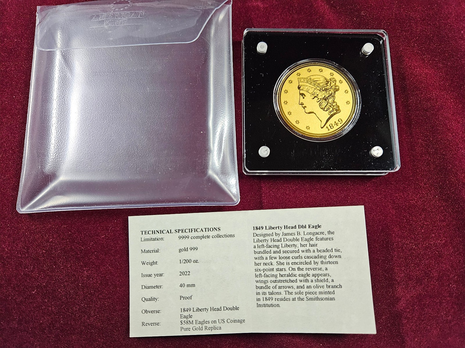 🌟 2022 American Mint LIBERTY HEAD DOUBLE Eagle 1/200 oz .999 Gold Proof Round