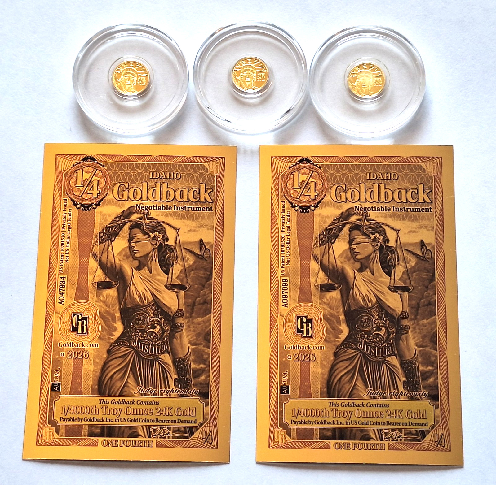 3x 24k Pure Gold Lady Liberty Coins .9999 Rounds + 2 FREE Idaho Goldbacks 24k