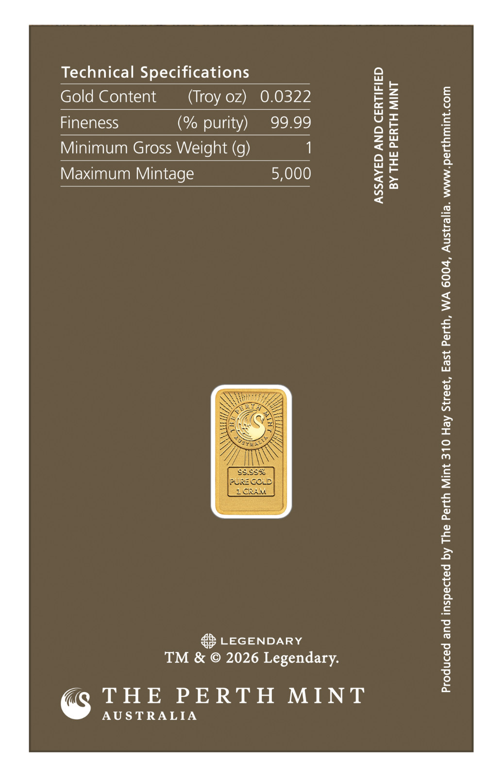 2026 Perth Mint DUNE 2026 1g .9999 Gold Minted Bar Minted Bar