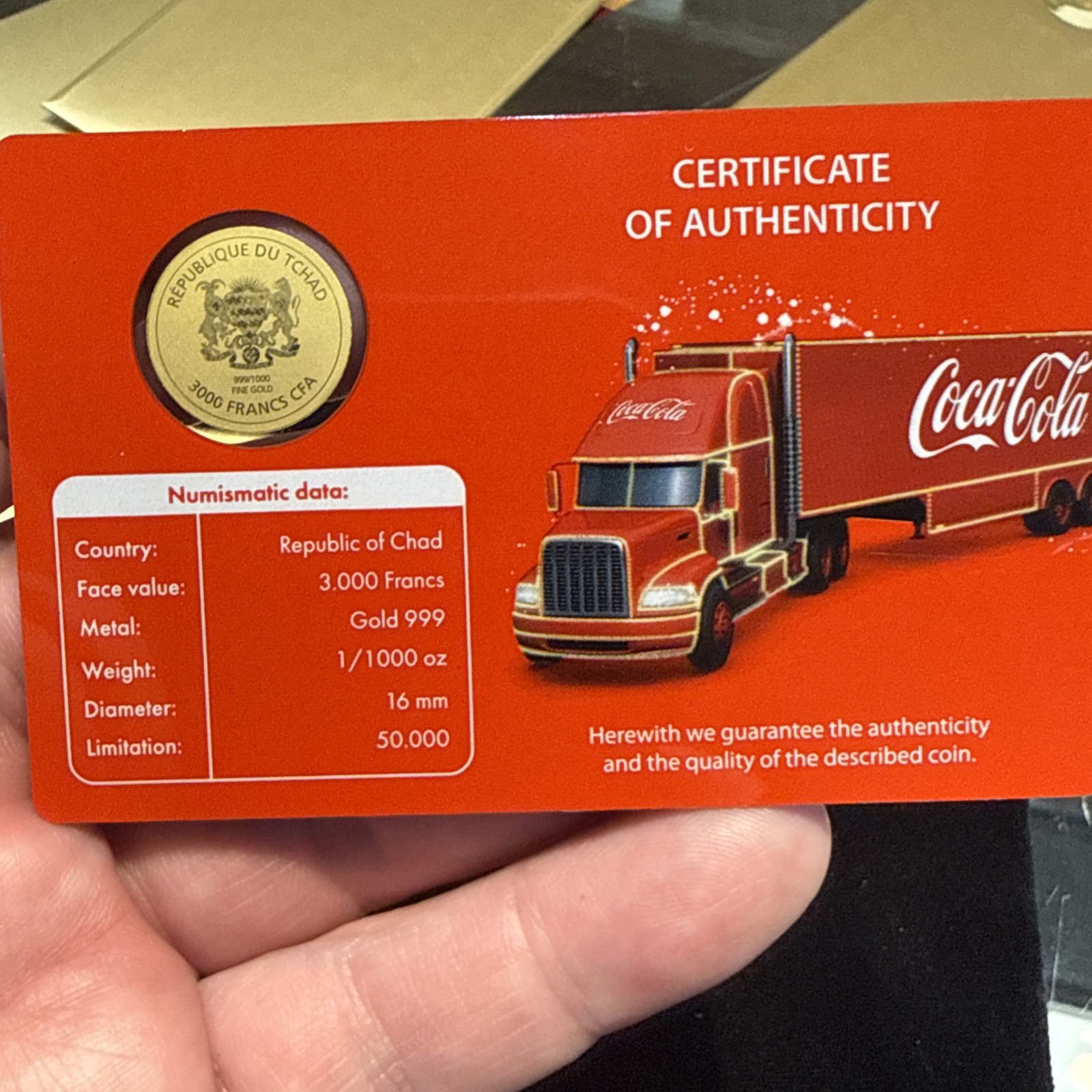 1/1000th oz Gold Coin Card The iconic Coca Cola truck with C.O.A.