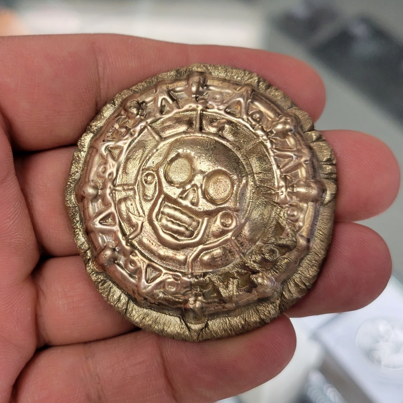 144g (.417) 10K Gold Round Aztec Skull Pirate Coin Hand Poured Collectible