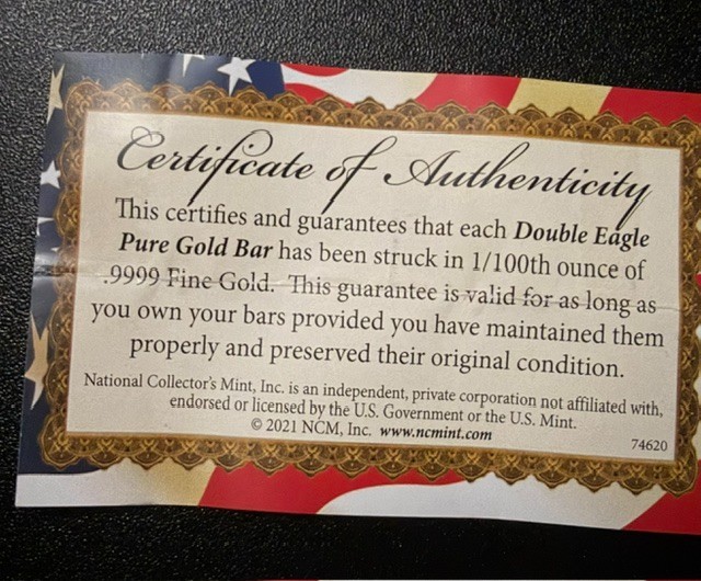 Double Eagle .9999 Pure Gold Bar Proof Collectible Bullion 1/100 Oz (.3 Grams)