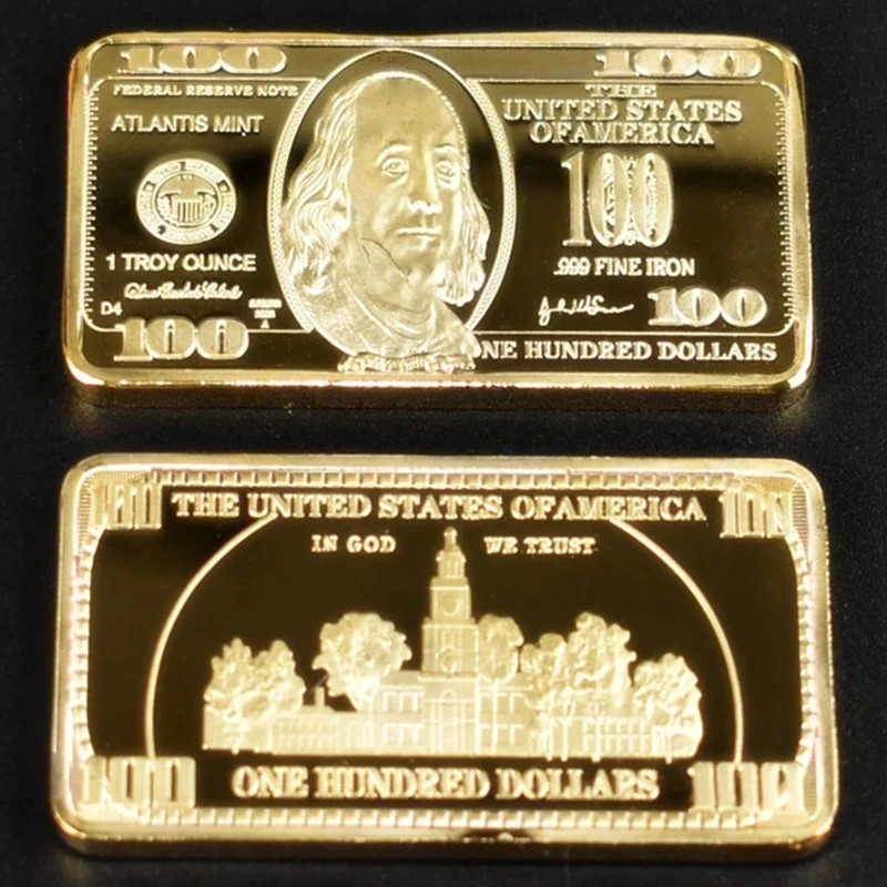 1pcs USA 100 Dollar Bullion 24k Gold Bar American Metal Coin Golden Bars USD
