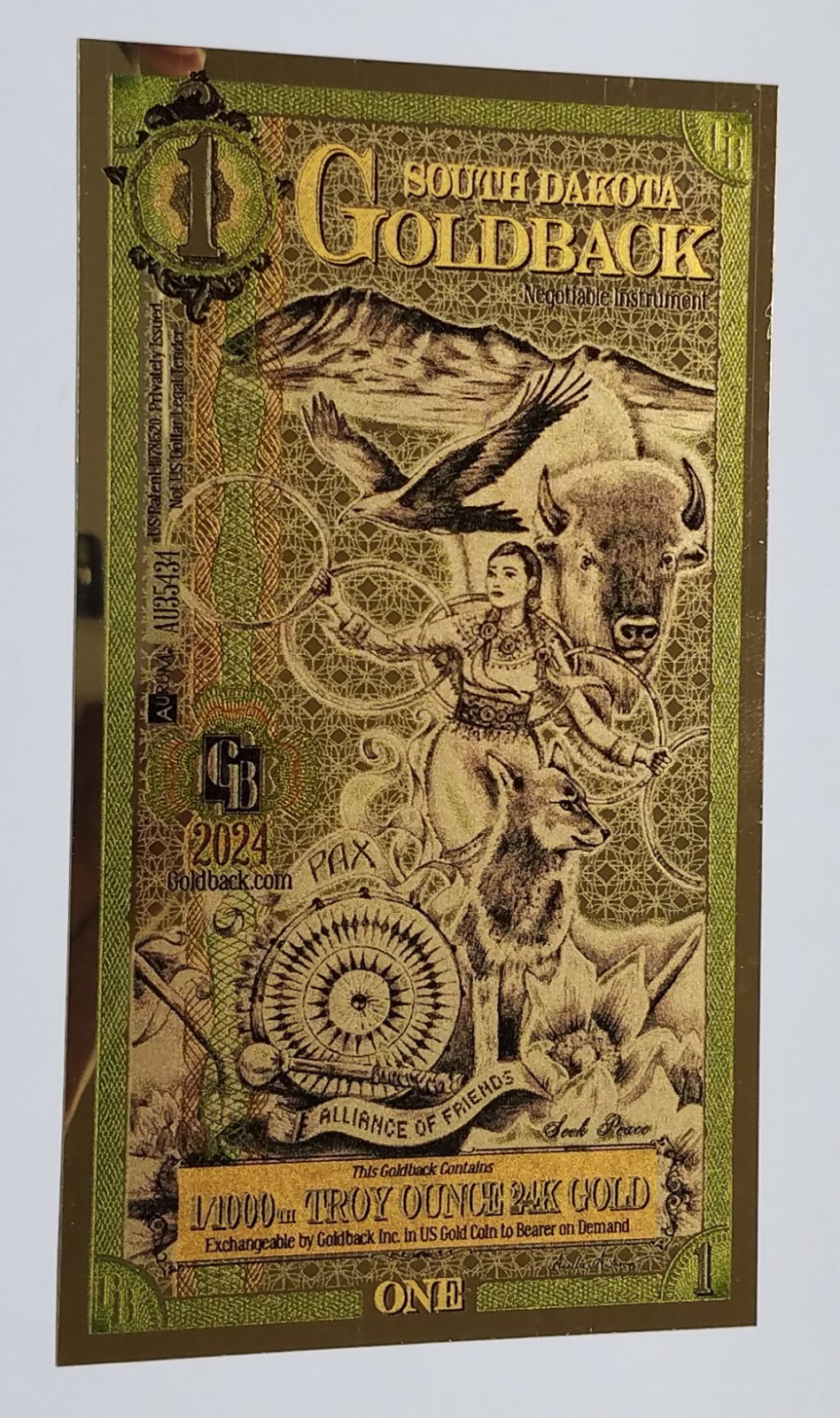 2024 1 South Dakota Goldback 1/1000th Troy Oz 24K Gold Note