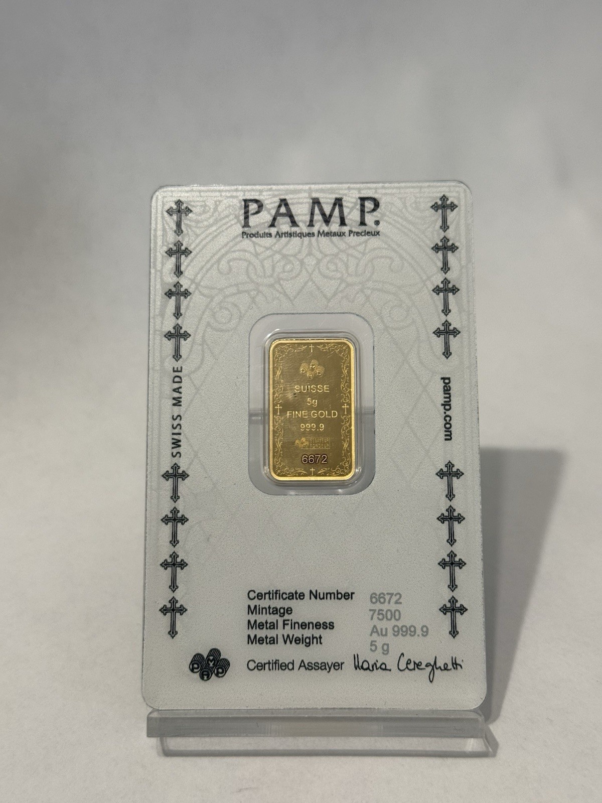 2025 5 g Gram .9999 Gold Bar PAMP Suisse Cross of Christianity in Assay & Sleeve