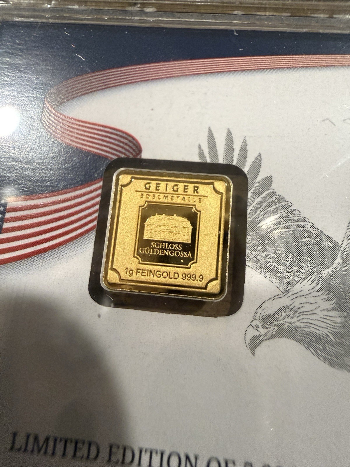 Limited Edition Geiger 1g Gold Bar .9999 Fine Bullion in Assay Card