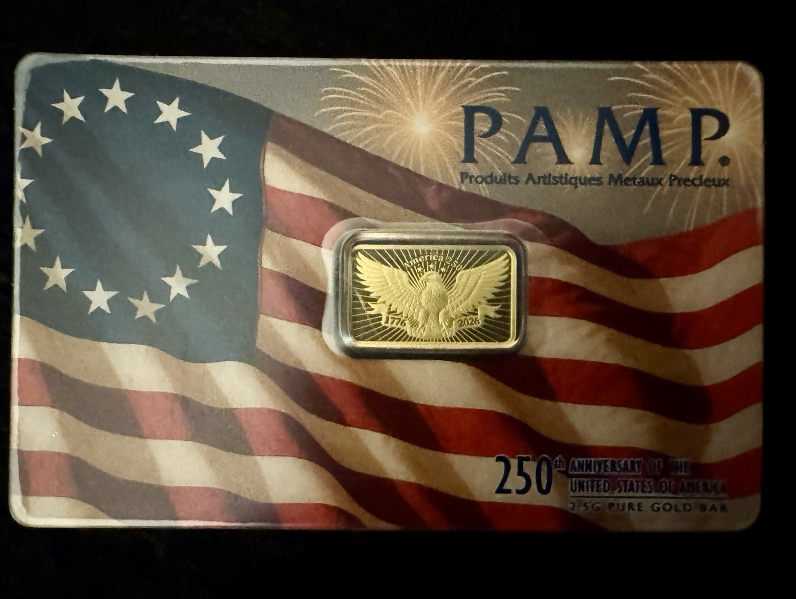 2.5 gram Gold Bar – PAMP 250th Anniversary of the USA Limited Mintage /12,500