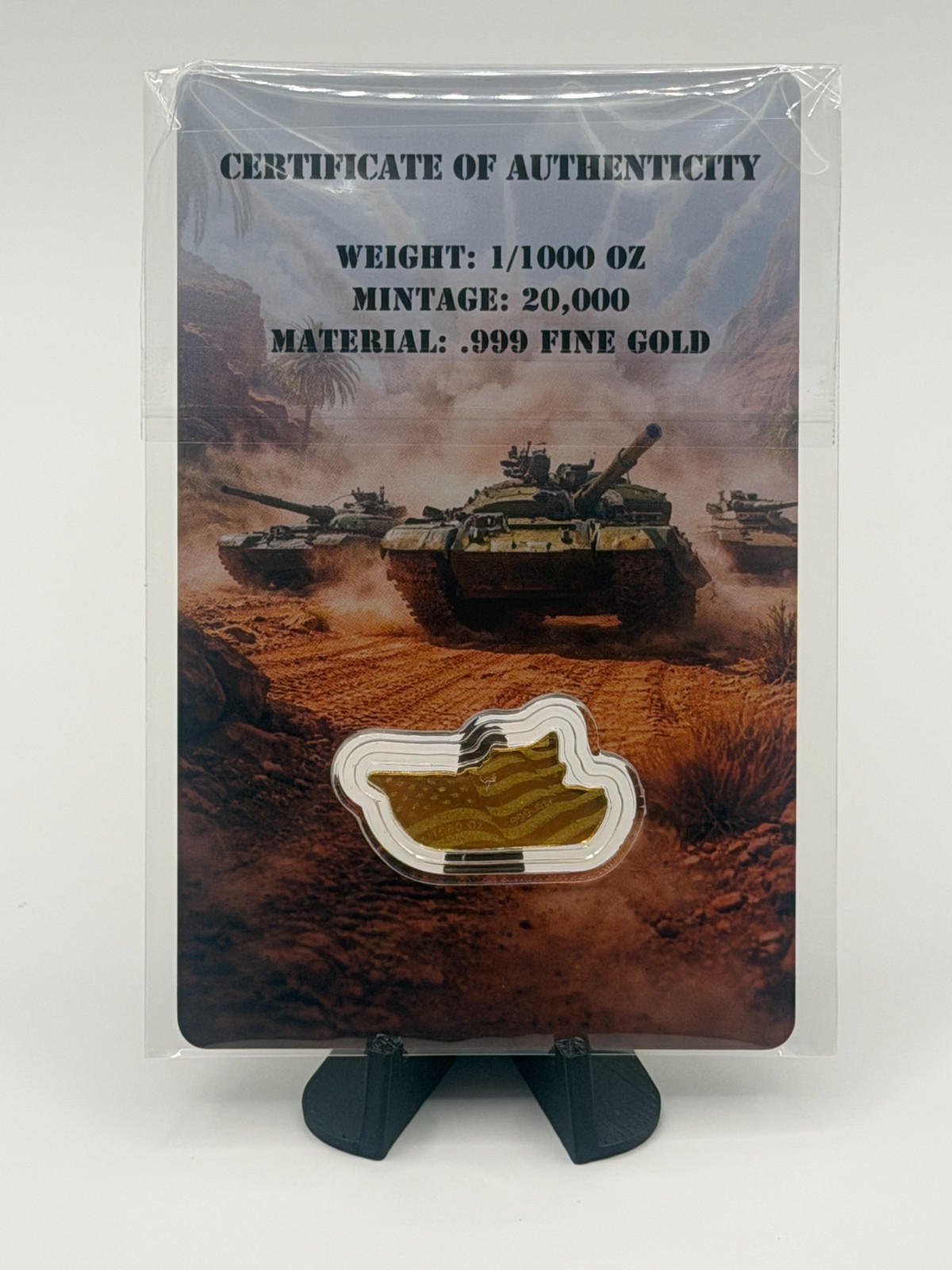 1/1000 oz .999 Fine Gold Military Desert Tank – Certificate of Authenticity