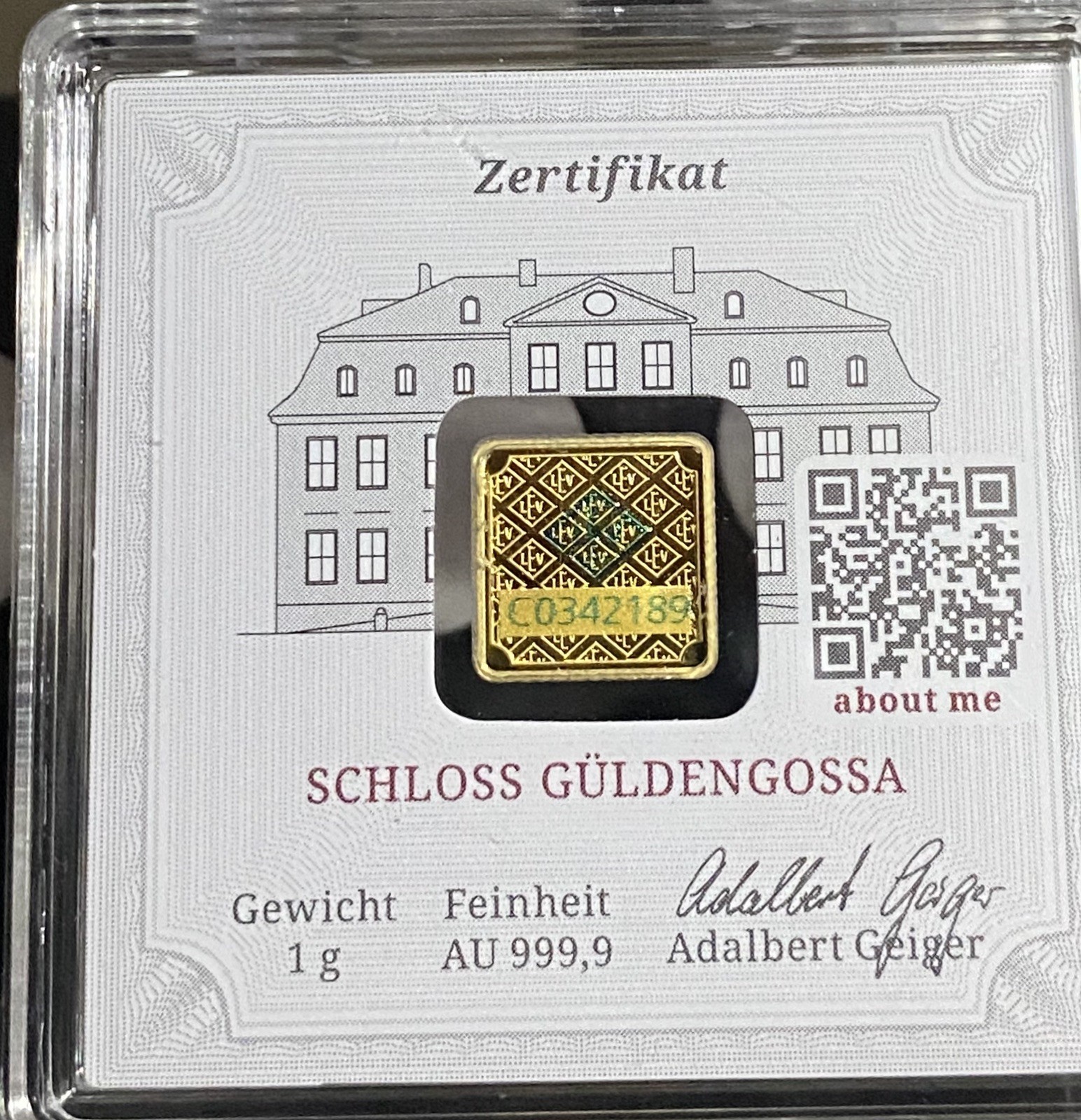 Gold Geiger 999.9 Bullion 1 Gram Pure, Certified in Assay