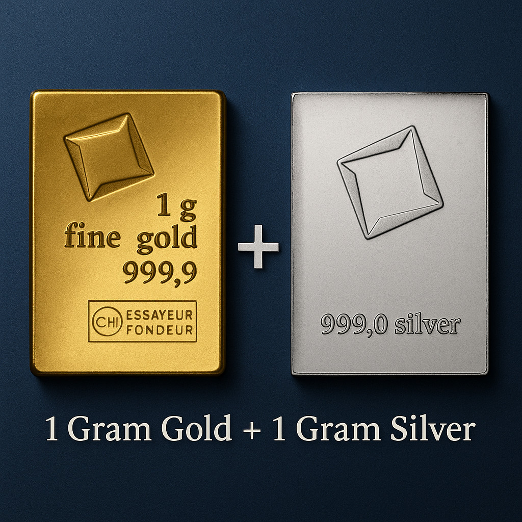 COMBO 1 gram Gold + Silver Valcambi Suisse .9999 Fine Gold & Silver Bars