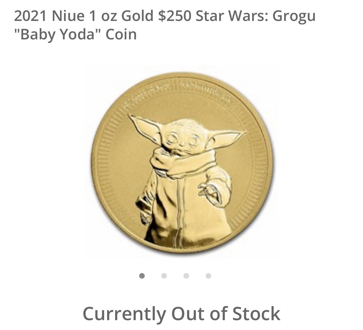 2021 STAR WARS GROGU BABY YODA 1 OZ .9999 GOLD COIN! MANDALORIAN! ONLY 250 EXIST