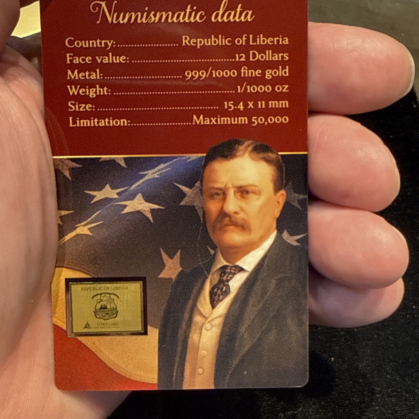 Theodor Roosevelt 1/1000 Oz Gold Coin $12 Liberia in Card 50,000 Mintage