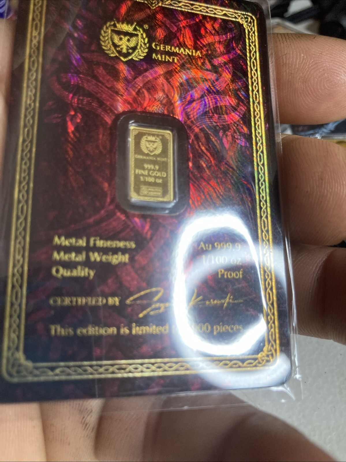 Frigg Gods of Germania 1/100 oz Pure Gold Proof Bar in Safepack Germania Mint