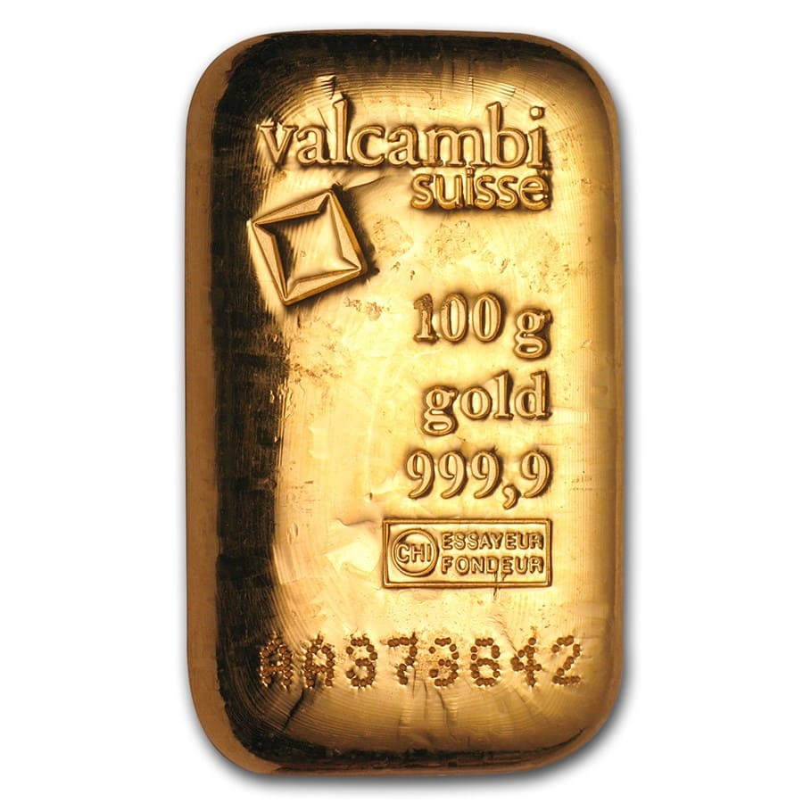 100 gram Gold Bar – Valcambi (Cast/Poured w/Assay)