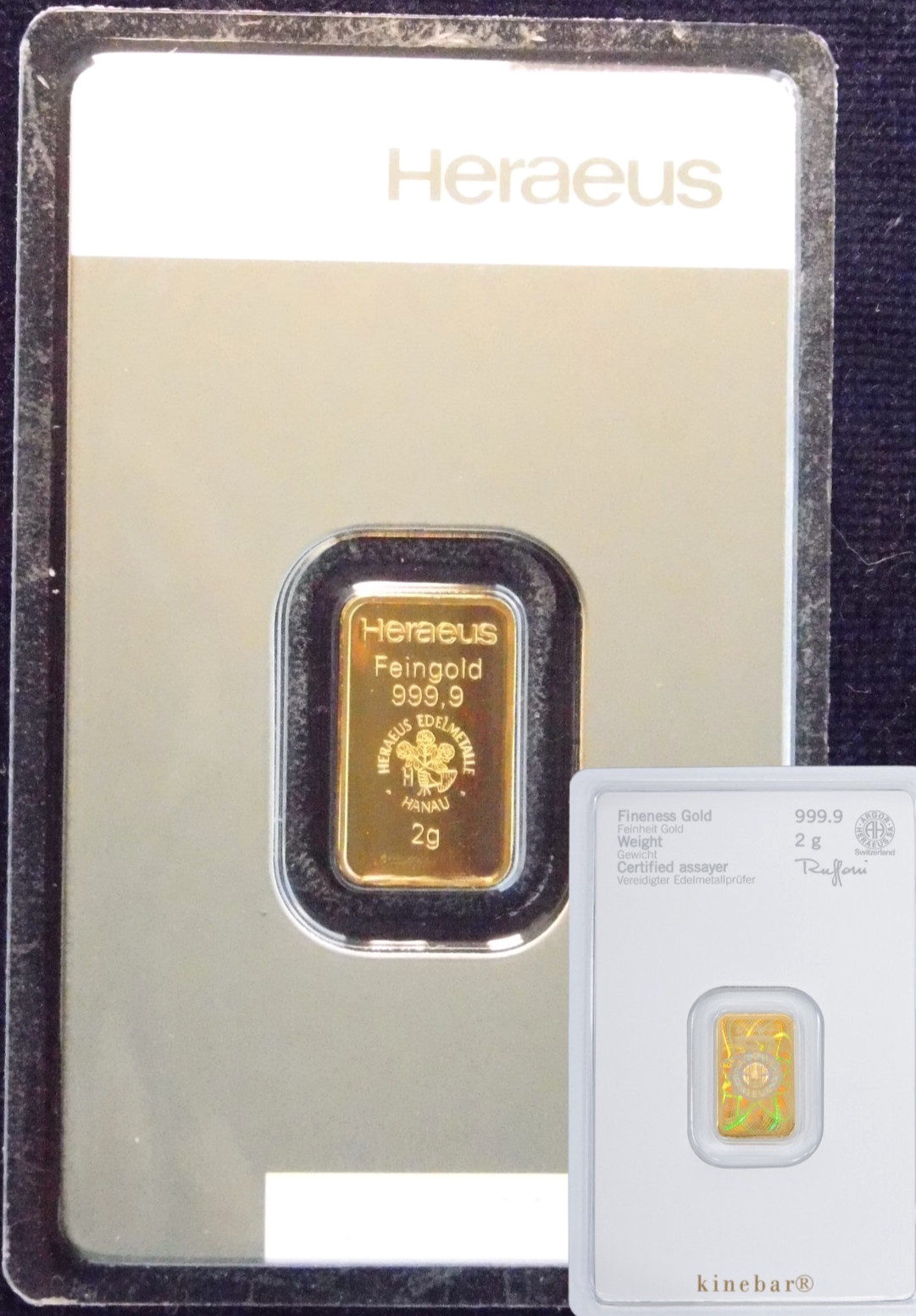 Gold Bar 2 Grams 999.9 Kinebar Heraeus in Blister Card with Certificate New Product
