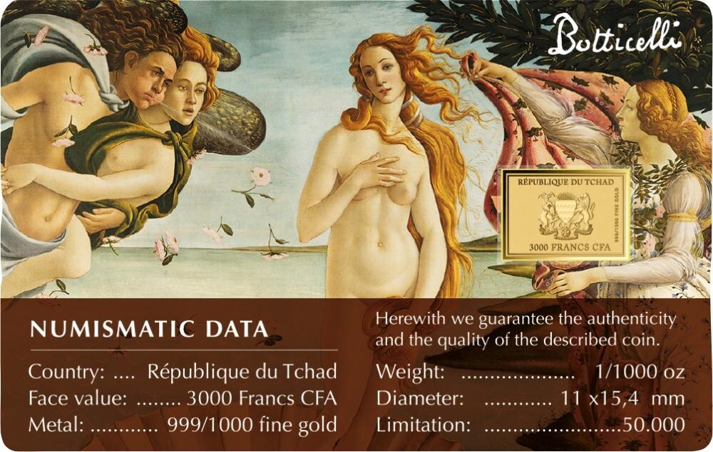 BIRTH OF VENUS Botticelli 1/1000 Oz .999 Gold in Coin card 2023