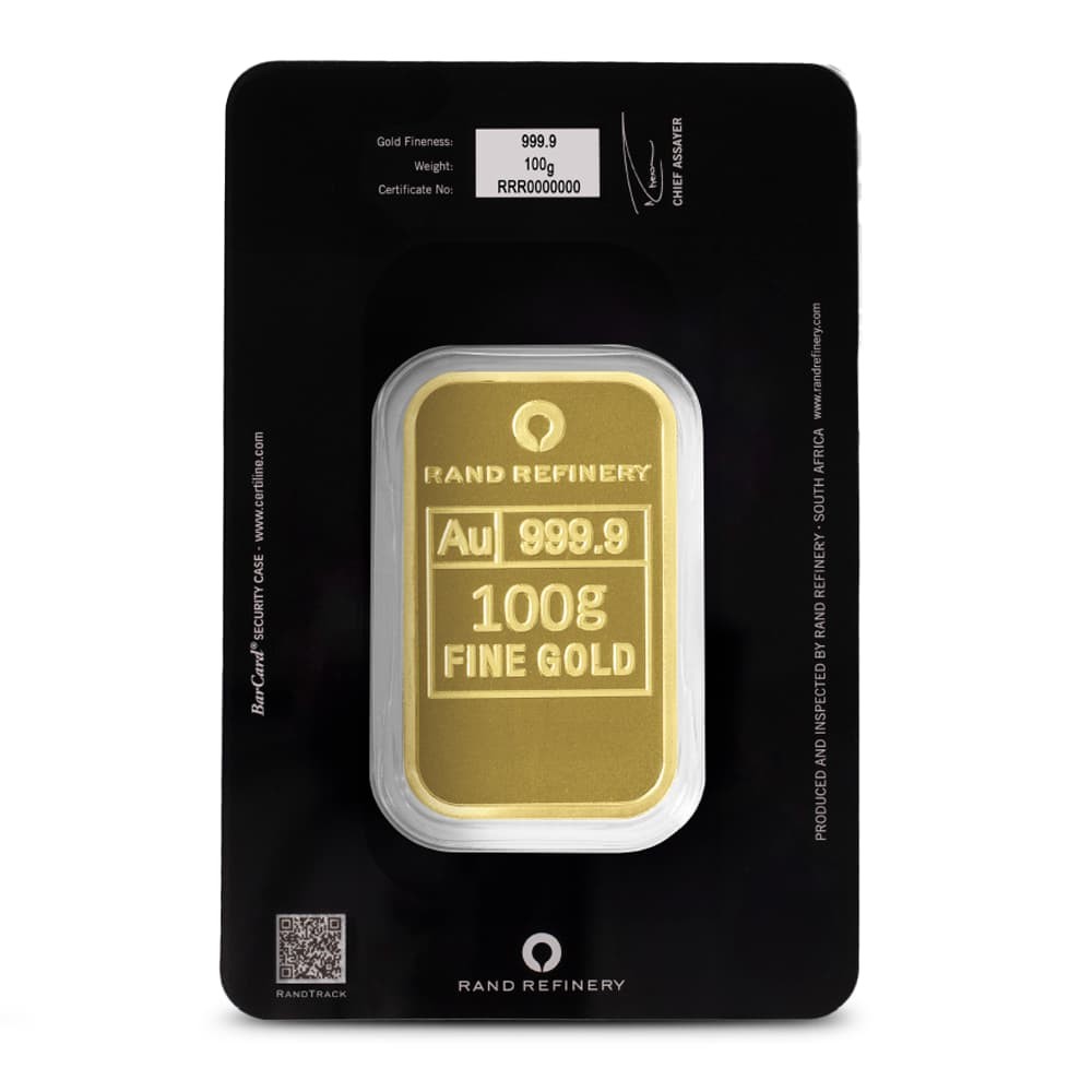 100 Gram Rand Refinery Gold Bar (New w/ Assay)
