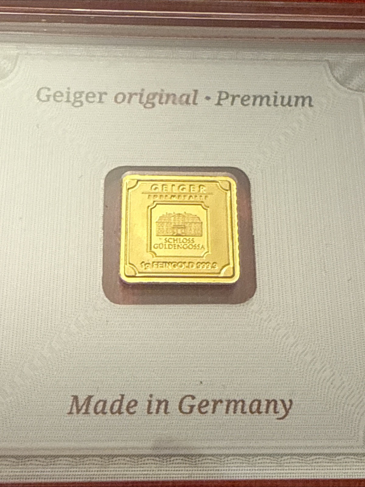 1 Gram Geiger 24K Gold 999.9 Bullion Certified in Assay Square Bar