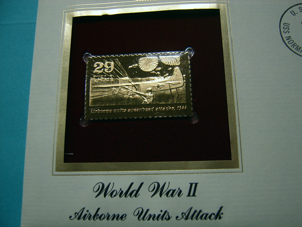 AIRBORNE UNITS SPEARHEAD ATTACKS 1944 WORLD WAR II 22KT GOLD STAMP COMMEM #16