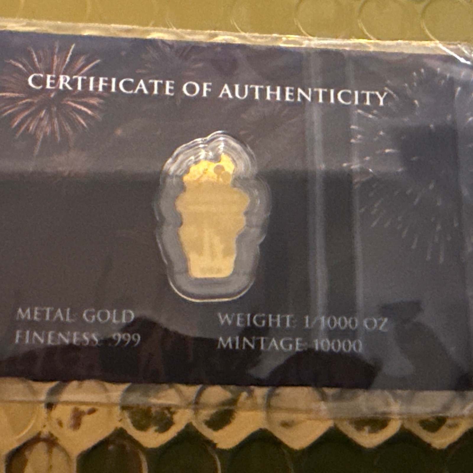 1/1000th Oz .9999 Gold USA 250th Year Anniversary Happy New Year Gold Foil Bar!
