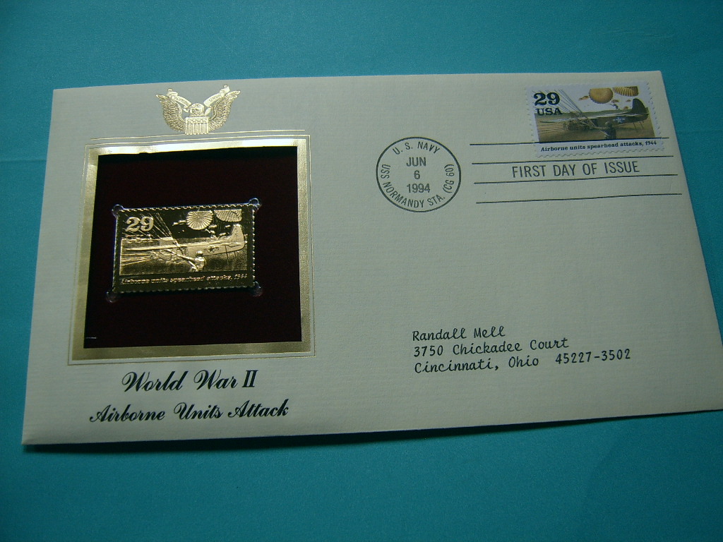 AIRBORNE UNITS SPEARHEAD ATTACKS 1944 WORLD WAR II 22KT GOLD STAMP COMMEM #16