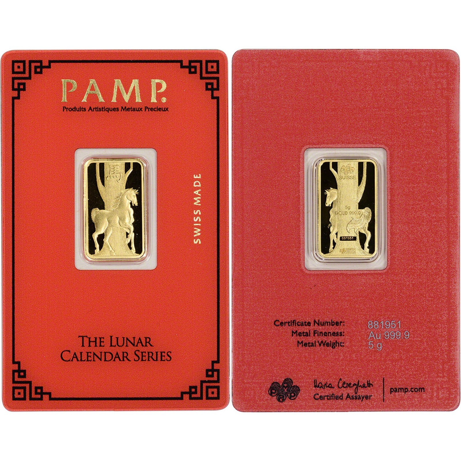 PAMP Suisse 5g Gold Year of the Horse – The Lunar Calendar Series. New in Assay