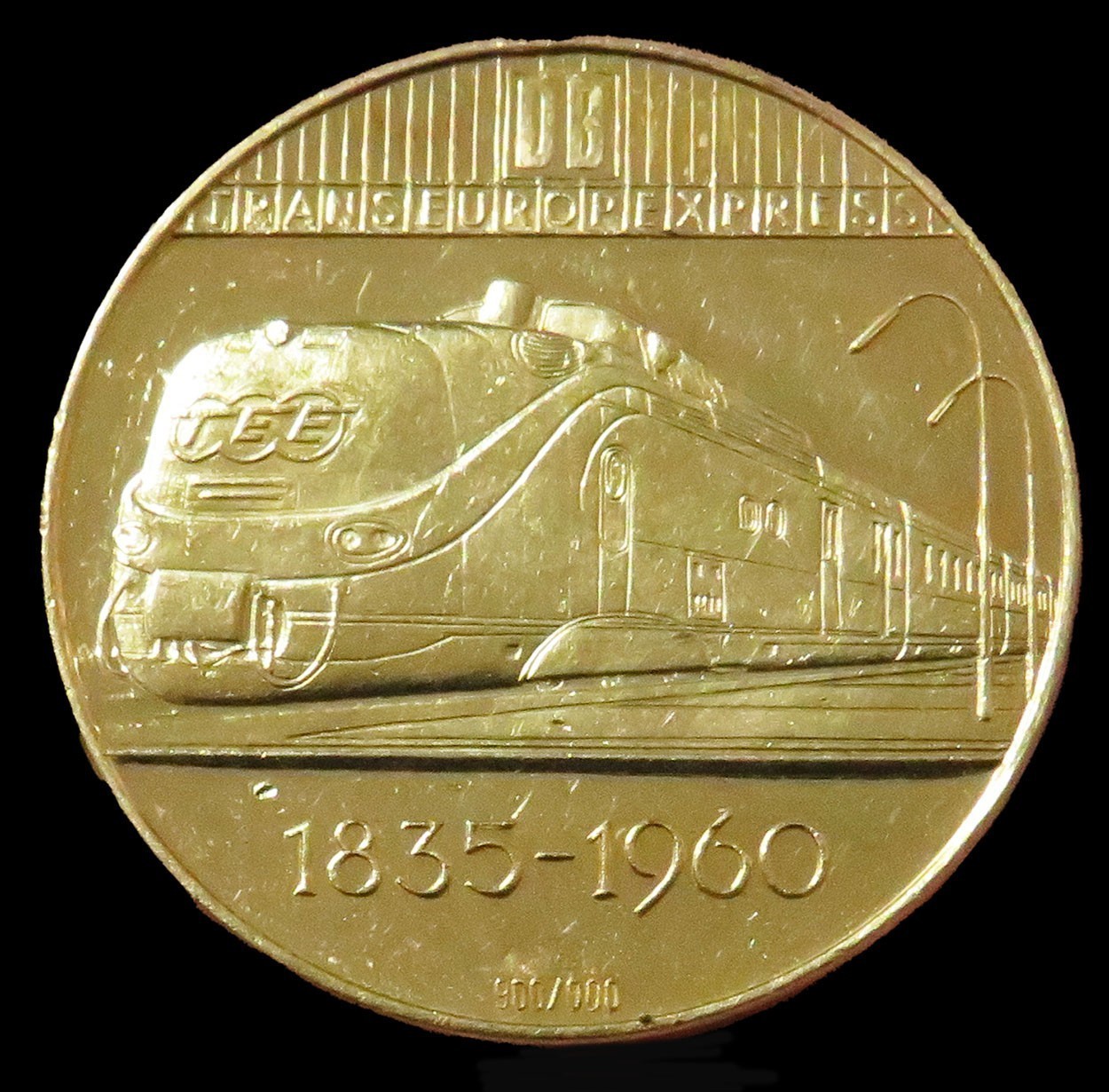 1960 GOLD GERMAN TRAIN PROOF 125 YEARS DEUTSCHE EISENBAHN COMMEMORATIVE MEDAL