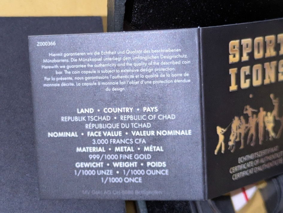 SPORT ICONS ENGLAND FOOTBALL SHIRT DESIGN 1/1000 OZ GOLD 3000 FRANCS CHAD