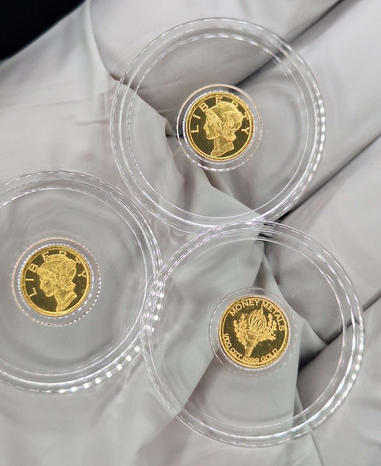 Set of 3 – 1/100 oz .9999 Pure Gold Mercury Rounds – Rare, Stunning Collectibles