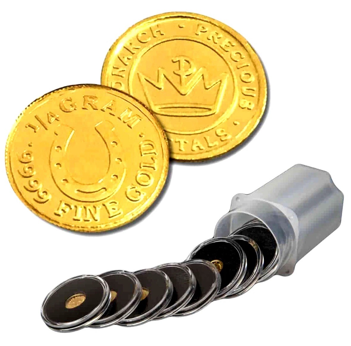 1/4 GRAM MONARCH LUCKY HORSESHOE .9999 FINE GOLD ROUND IN SEALED CAPSULE BU
