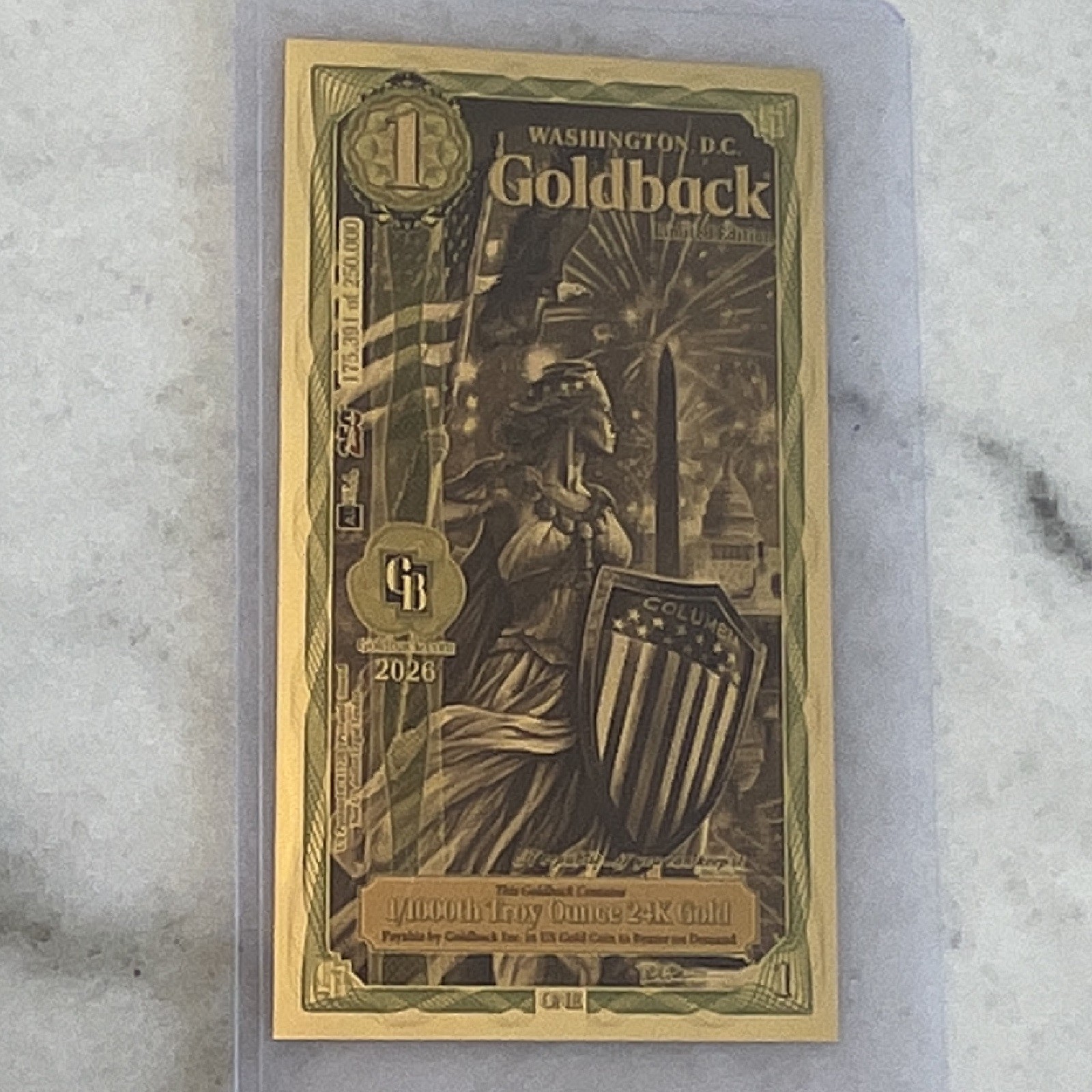 2026 Washington D.C. 1 Goldback 1/1000 oz .999 24K Gold Foil Note Limited Ed.