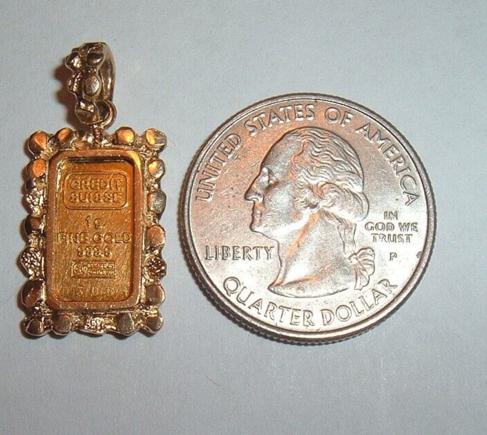 24K GOLD Credit Suisse 999.9 FINE INGOT BAR 14K NUGGET BEZEL PENDANT CHAIN 3.4g