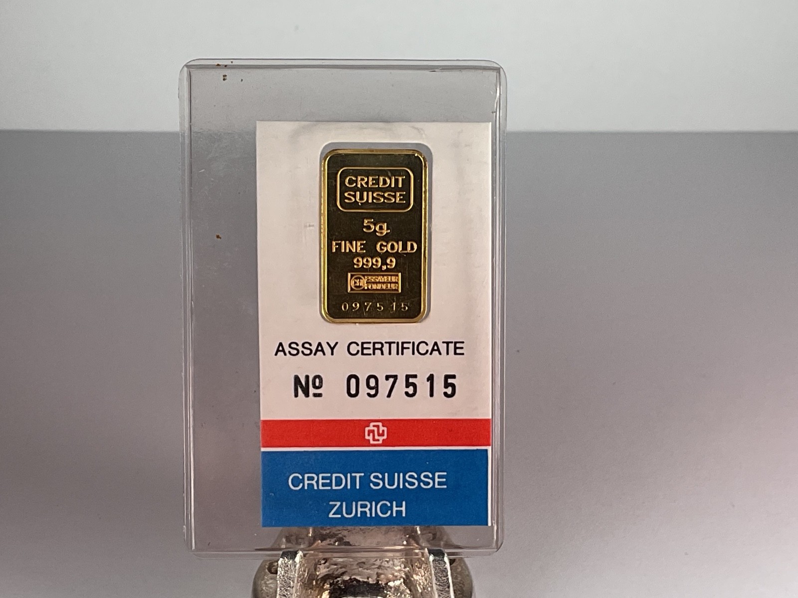 1985 Credit Suisse 5g 0.9999 Fine Gold Bar in Assay Card – 5g Total Gold Content