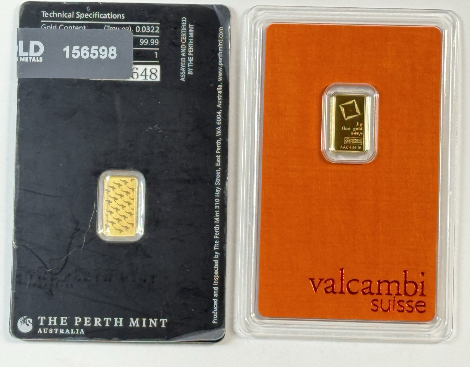 TWO Grams (1g Valcambi Suisse +1g Perth Mint) 999.9 FineGold Bars Sealed Assays
