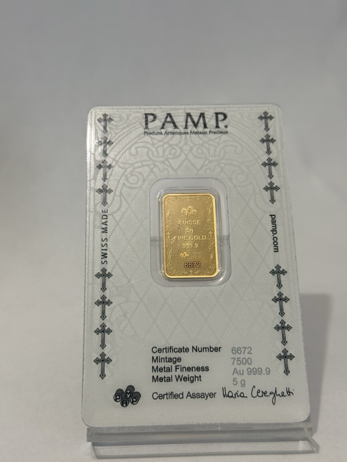 2025 5 g Gram .9999 Gold Bar PAMP Suisse Cross of Christianity in Assay & Sleeve