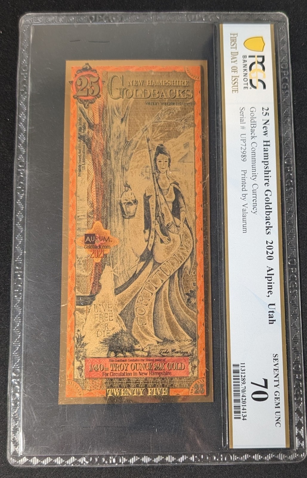 2021 New Hampshire 25 Goldback ~ PCGS GEM 70 First Day of Issue ~ 9601 Produced