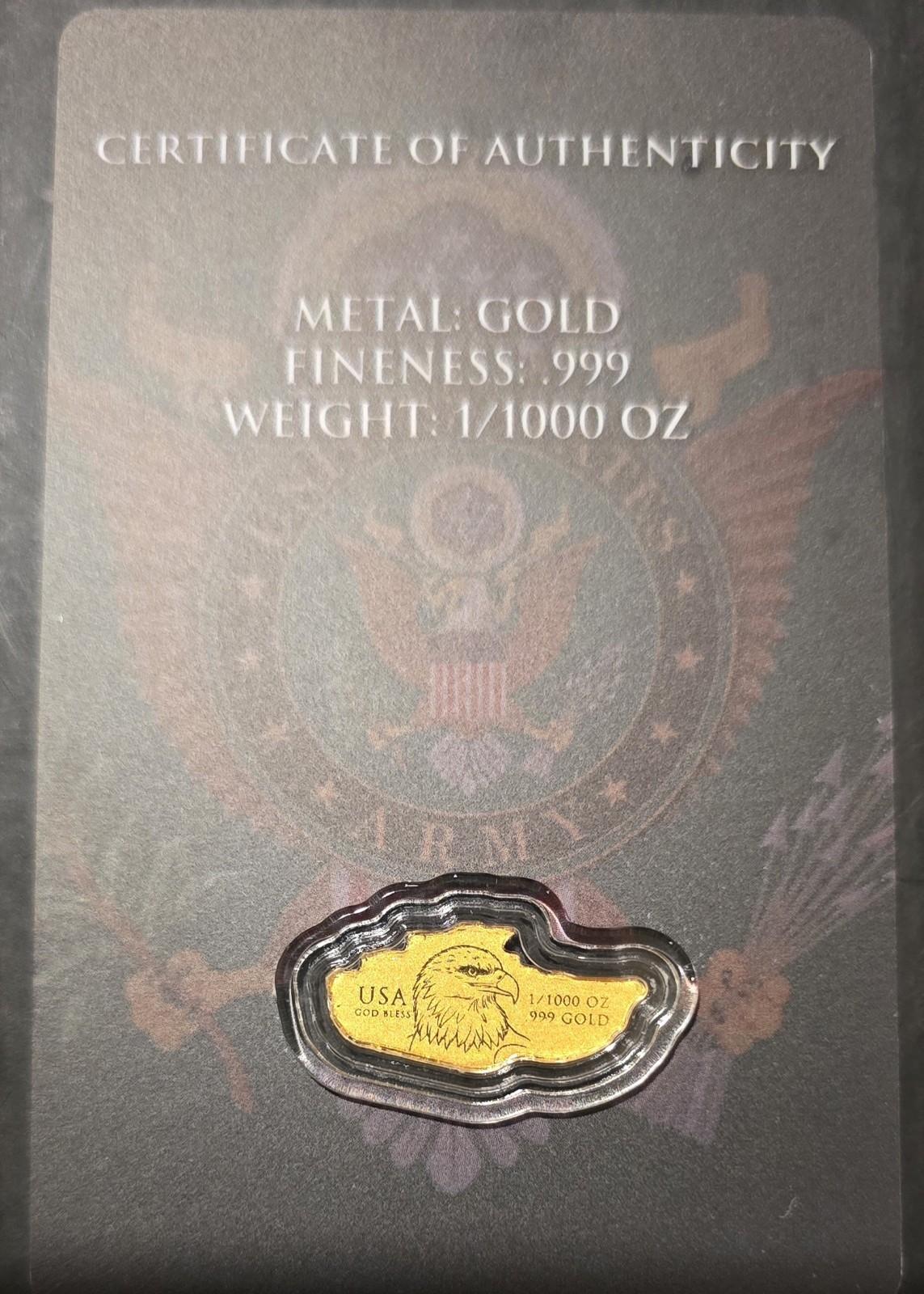 🦅 1/1000 oz .999 Gold 2026 USA Eagle Army Card Fractional Gold Bar Bullion