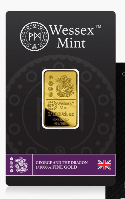WESSEX MINT 1/1000th OZ 9999 FINE FRACTIONAL GOLD GEORGE AND THE DRAGON DESIGN
