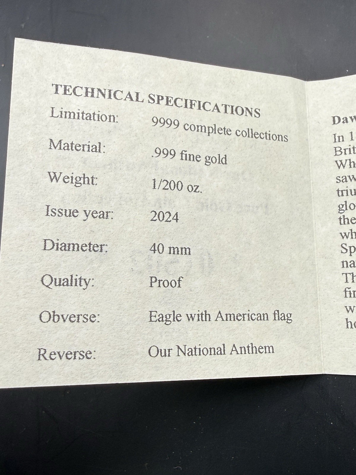 Our National Anthem 1/200th oz .999 Gold 2024 Coin – Free Shipping