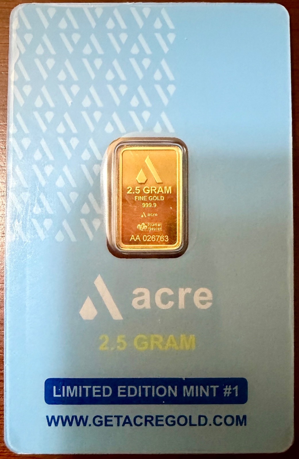 2.5G .999 Gold Acre Bar in Assay
